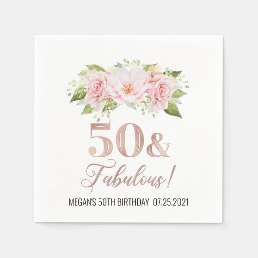 赤面ピンクウォーターカラーフラワーズ50 & Fabuous スタンダードカクテルナプキン (正面)