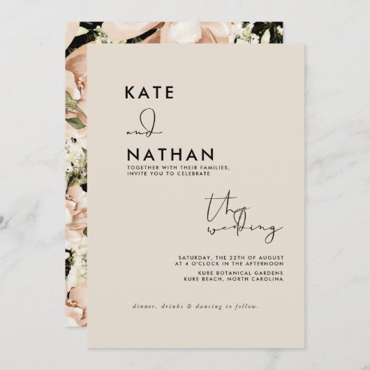 赤面ピンクウォーターカラーフラワー結婚式招待状 招待状 (正面/裏面)