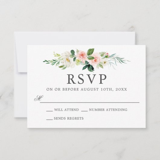 赤面ピンクウォーターカラーフローラウェディングRSVP 招待状 (正面)