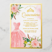 赤面ピンクウォーターカラーフローラガウンキンセアニェラ金ゴールド 箔招待状 (正面)