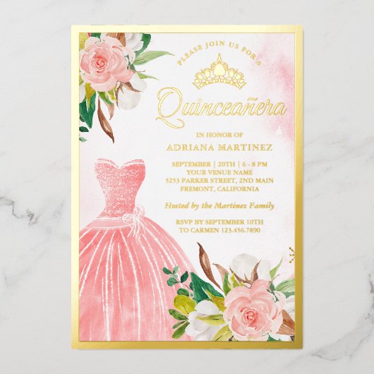 赤面ピンクウォーターカラーフローラガウンキンセアニェラ金ゴールド 箔招待状 (正面)