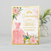 赤面ピンクウォーターカラーフローラガウンキンセアニェラ金ゴールド 箔招待状 (立ち正面)