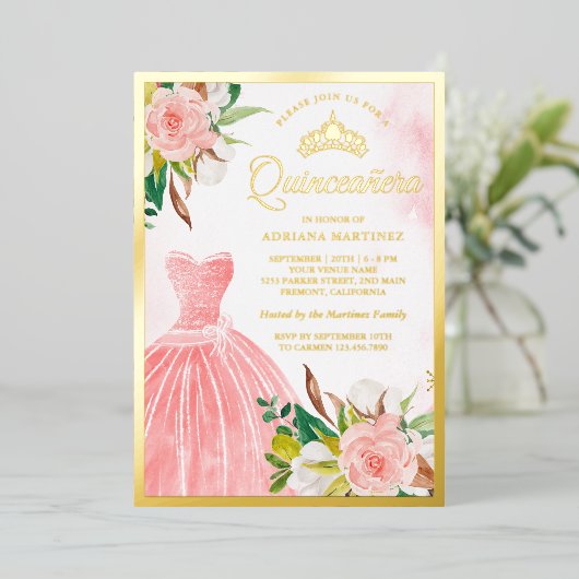 赤面ピンクウォーターカラーフローラガウンキンセアニェラ金ゴールド 箔招待状 (立ち正面)