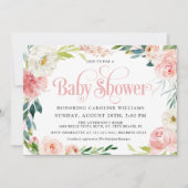 赤面ピンクウォーターカラーフローラガールベビーシャワー 招待状 (正面)