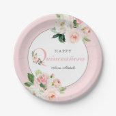 赤面ピンクウォーターカラーフローラキンセアニラ誕生日 ペーパープレート (正面)
