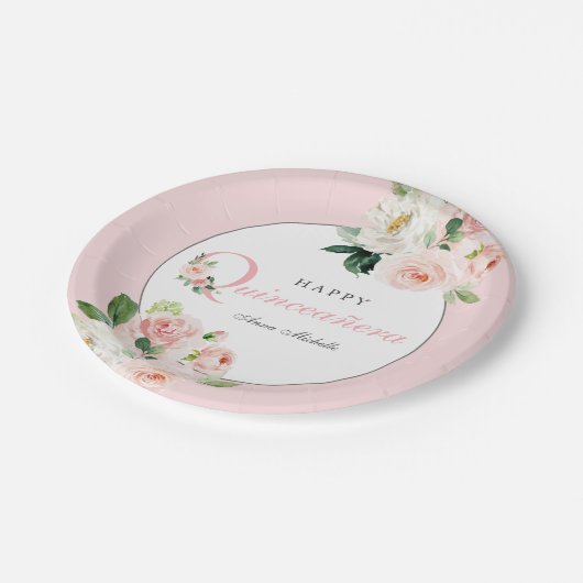 赤面ピンクウォーターカラーフローラキンセアニラ誕生日 ペーパープレート (アングル)