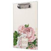 赤面ピンクウォーターカラーフローラクリームモノグラム クリップボード (左)