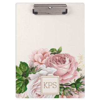 赤面ピンクウォーターカラーフローラクリームモノグラム クリップボード