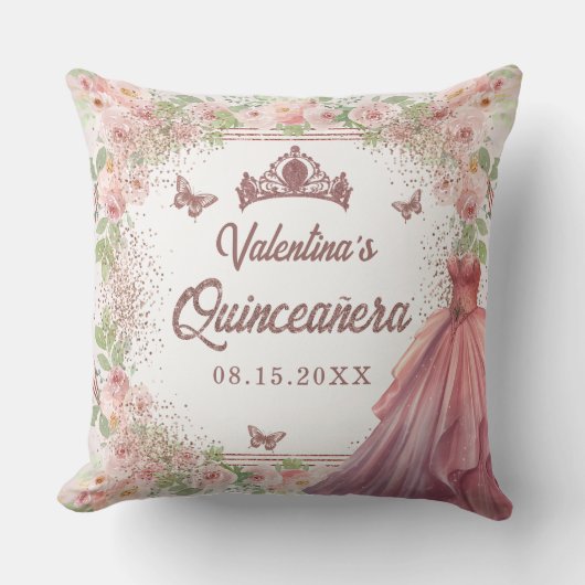 赤面ピンクウォーターカラーフローラグリッターキンセアニェラ クッション (正面)