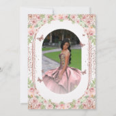 赤面ピンクウォーターカラーフローラグリッターキンセアニェラ 招待状 (裏面)