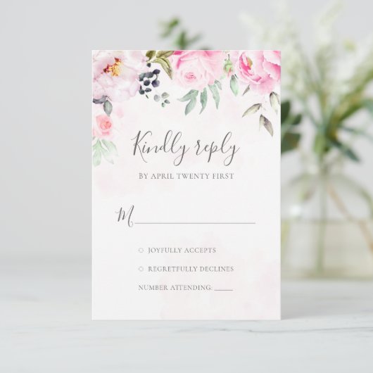 赤面ピンクウォーターカラーフローラグリ結婚ーネリーズ 出欠カード (スタンド正面)