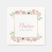 赤面ピンクウォーターカラーフローラスウィート16誕生日 スタンダードカクテルナプキン (正面)