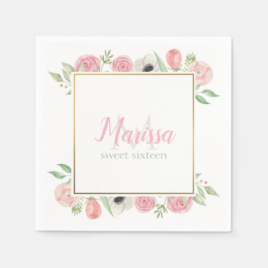 赤面ピンクウォーターカラーフローラスウィート16誕生日 スタンダードカクテルナプキン (正面)