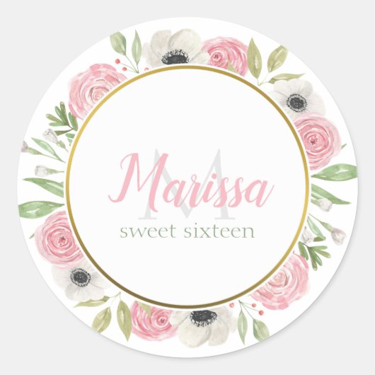 赤面ピンクウォーターカラーフローラスウィート16誕生日 ラウンドシール (正面)
