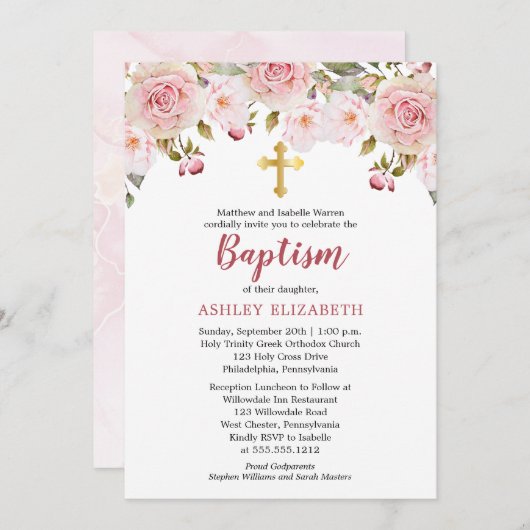 赤面ピンクウォーターカラーフローラバプテスマ招待状 招待状 (正面/裏面)