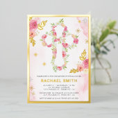 赤面ピンクウォーターカラーフローラバプテスマ金ゴールド 箔招待状 (立ち正面)