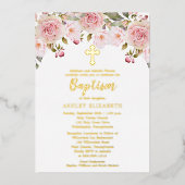 赤面ピンクウォーターカラーフローラバプテスマ 箔招待状 (正面)