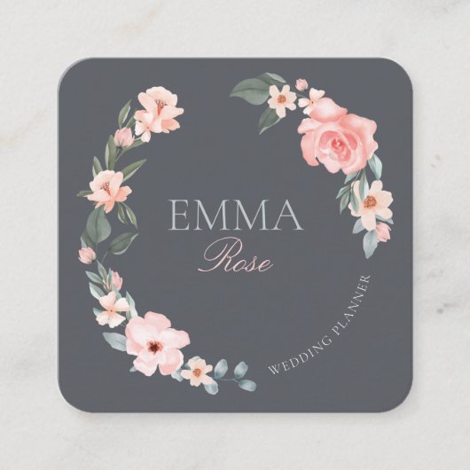 赤面ピンクウォーターカラーフローラバラウェディングプランナー スクエア名刺 (正面)