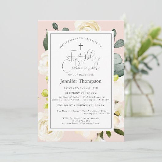 赤面ピンクウォーターカラーフローラファーストコミュニオン 招待状 (スタンド正面)