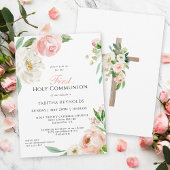 赤面ピンクウォーターカラーフローラファーストコミュニオン 招待状