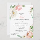 赤面ピンクウォーターカラーフローラファーストコミュニオン 招待状 (正面)