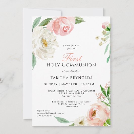 赤面ピンクウォーターカラーフローラファーストコミュニオン 招待状 (正面)