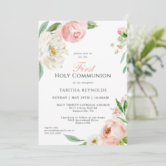 赤面ピンクウォーターカラーフローラファーストコミュニオン 招待状 (スタンド正面)