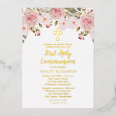 赤面ピンクウォーターカラーフローラファーストホーリーコミュニオン  箔招待状 (正面)