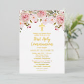 赤面ピンクウォーターカラーフローラファーストホーリーコミュニオン  箔招待状 (立ち正面)