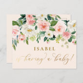赤面ピンクウォーターカラーフローラファームハウスベビーシャワー ポストカード (正面/裏面)