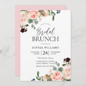 赤面ピンクウォーターカラーフローラブライダルシャワーブランチ 招待状 (正面/裏面)