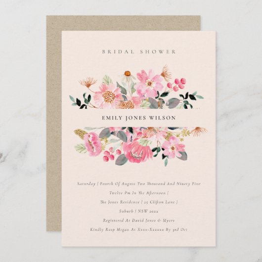 赤面ピンクウォーターカラーフローラブライダルシャワー招待状 サンキューカード (正面/裏面)