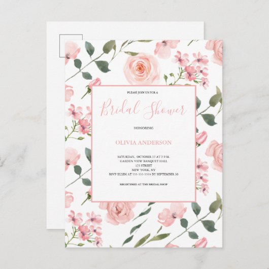 赤面ピンクウォーターカラーフローラブライダルシャワー インビテーションポストカード (正面/裏面)