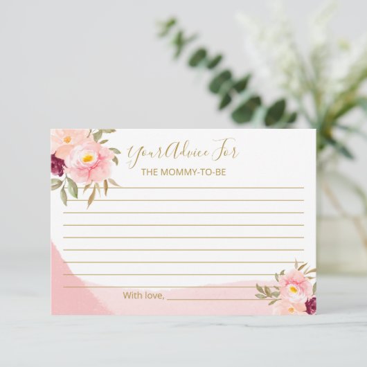 赤面ピンクウォーターカラーフローラベビーシャワーアドバイス エンクロージャーカード (スタンド正面)