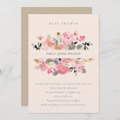 赤面ピンクウォーターカラーフローラベビーシャワー招待状 サンキューカード (正面/裏面)