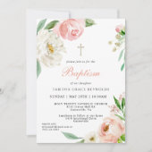 赤面ピンクウォーターカラーフローラベビーバプテスマ 招待状 (正面)