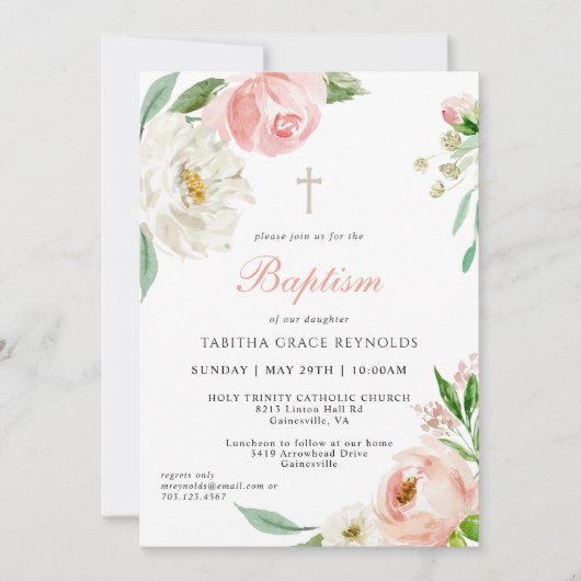 赤面ピンクウォーターカラーフローラベビーバプテスマ 招待状 (正面)