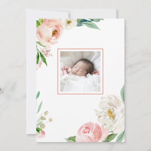 赤面ピンクウォーターカラーフローラベビーバプテスマ 招待状 (裏面)