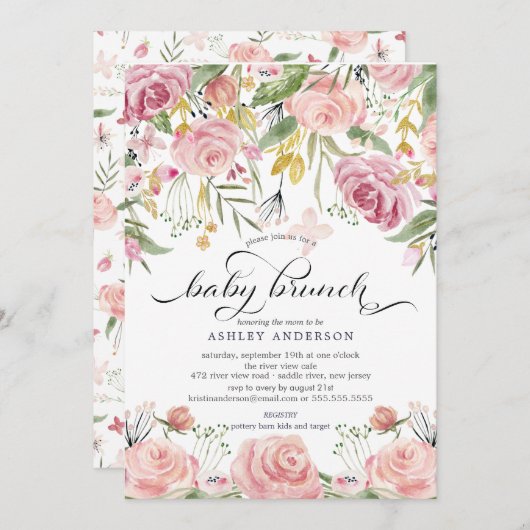 赤面ピンクウォーターカラーフローラベビーブランチ 招待状 (正面/裏面)