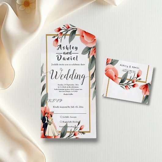 赤面ピンクウォーターカラーフローラ新郎新婦結婚の オールインワン招待状