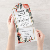 赤面ピンクウォーターカラーフローラ新郎新婦結婚の オールインワン招待状 (貼ってはがせる)