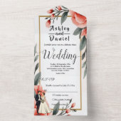 赤面ピンクウォーターカラーフローラ新郎新婦結婚の オールインワン招待状 (内側)