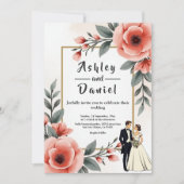 赤面ピンクウォーターカラーフローラ新郎新婦結婚の 招待状 (正面)