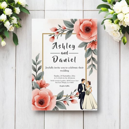 赤面ピンクウォーターカラーフローラ新郎新婦結婚の 招待状