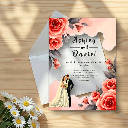 赤面ピンクウォーターカラーフローラ新郎新婦結婚ズ アクリル招待状