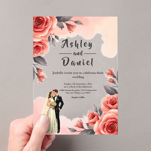 赤面ピンクウォーターカラーフローラ新郎新婦結婚ズ アクリル招待状 (インサイチュ (ポータブル))