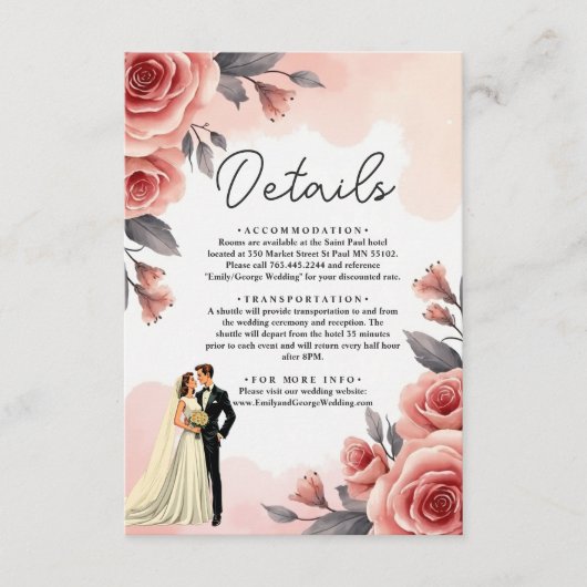 赤面ピンクウォーターカラーフローラ新郎新婦結婚ズ エンクロージャーカード (正面)