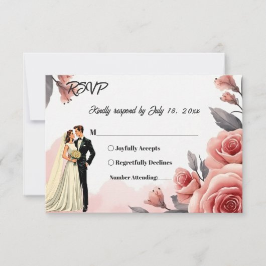 赤面ピンクウォーターカラーフローラ新郎新婦結婚ズ 出欠カード (正面)