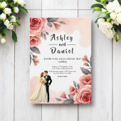 赤面ピンクウォーターカラーフローラ新郎新婦結婚ズ 招待状