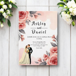 赤面ピンクウォーターカラーフローラ新郎新婦結婚ズ 招待状